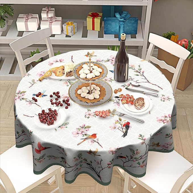 Spring Flowers Round Table Cloth Spring Hummingbird Round Tablecloth 60 Inch Spring Summer Circle Table Cover Colorful Floral Birds Table Cover for Kitchen Dining Room Farmhouse Indoor Outdoor Decor