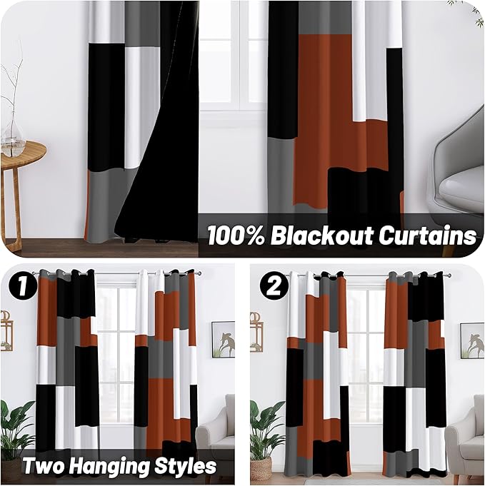 Burnt Orange 100% Blackout Curtains for Bedroom 108 inch Extra Long 2 Panels Set Black Grey Modern Abstract Geometric Black Out Curtains Room Darkening Window Drapes for Living Room, 52Wx108L