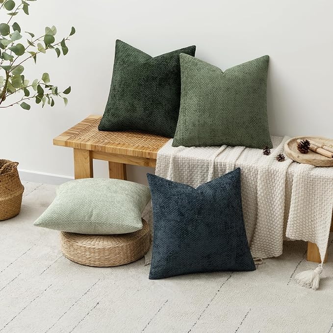 MIULEE Pack of 4 Couch Throw Pillow Covers 18x18 Inch Green Forest Soft Decorative Chenille Pillow Covers Farmhouse Accent Cushion Covers for Boho Home Decor Spring Sofa Bedroom Living Room