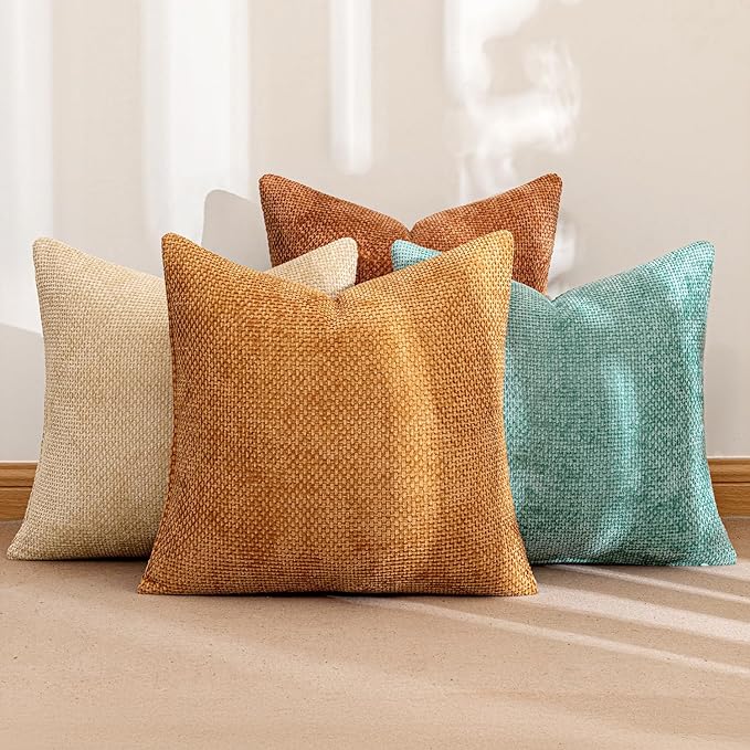 MIULEE Pack of 4 Orange/Teal Couch Throw Pillow Covers 20x20 Inch Yellow Green Soft Decorative Chenille Pillows Farmhouse Accent Cushions for Boho Home Decor Spring Sofa Bedroom Living Room