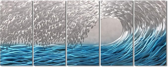 Yihui Arts Metal Wall Art - Silver Sea Waves 3D Sculpture, 5 Piece Hand Crafted Aluminum Coastal Artwork for Large Abstract Living Room, Bedroom, Bathroom Decor - Blue