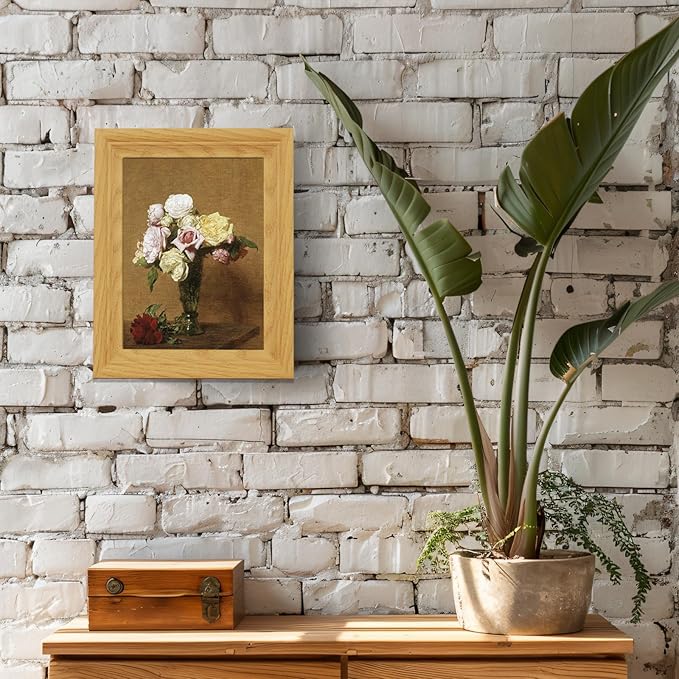 Brivoria Framed Canvas Wall Art Vintage Decor, Rustic Autumn Floral Still Life with Colorful Roses in Fluted Vase and Warm Tones for Bedroom Entryway Kitchen Bookshelf or Bathroom Fall Display, 8"x10"