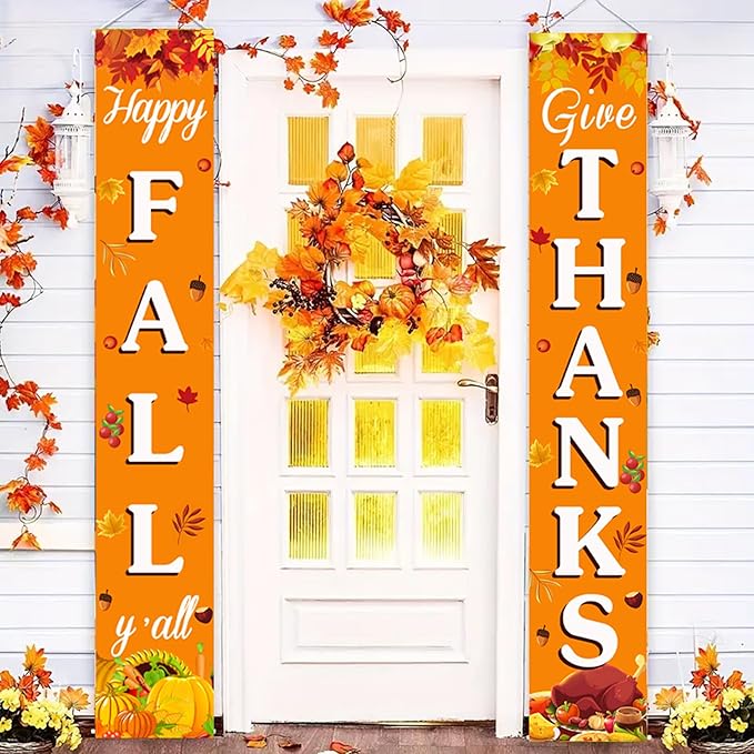 Fall Decorations for Home Happy Fall & Give Thanks Porch Banner Pumpkin Maple Leaves Door Welcome Signs for Autumn Harvest Thanksgiving Decorations Decor Indoor Outdoor
