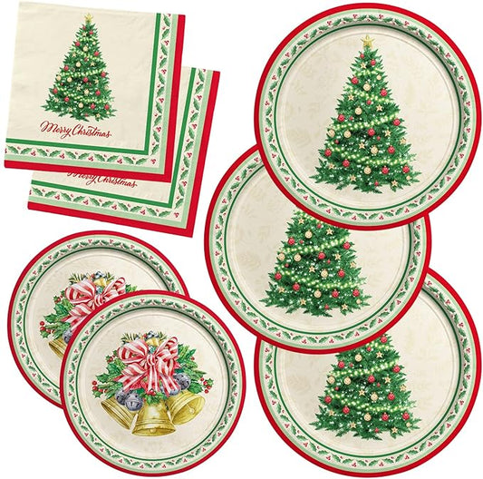 Christmas Party Supplies Kit, Serve 50, Christmas Tree Disposable Dinnerware Includes: Paper Dinner Plates, Dessert Plates, and Napkins, Great for Merry Christmas Party Decorations