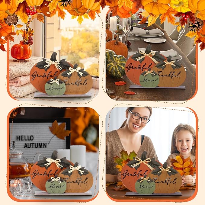 Soaoo Fall Pumpkin Table Decorations Wooden Thankful Blessed Centerpiece Autumn Grateful Tabletop Decor Farmhouse Harvest Pumpkin Block Signs for Party Rustic Table Shelf Decor Home(Classic)