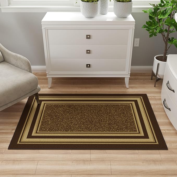 Ottomanson 3'3" x 5' Rugs for Living Room Border Area Rug for Bedroom - Non Slip Durable Large Floor Carpet for High Traffic Areas - Indoor Rug for Dining Room Kitchen Kids Playroom, Brown