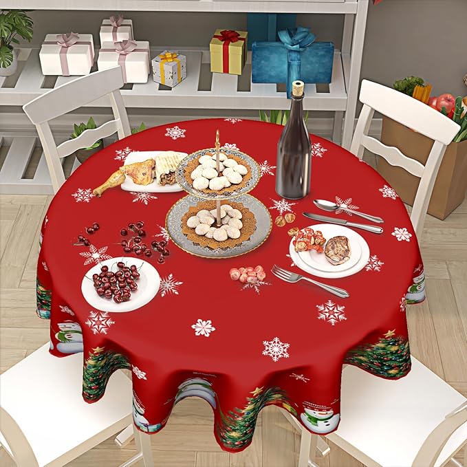 Merry Christmas Tablecloth Round 60 Inch Winter Snowman Table Cloth Red Snowflake Print Christmas Table Cover Winter Holiday Tablecloths Seasonal for Home Kitchen Dining Party Indoor Outdoor Decor