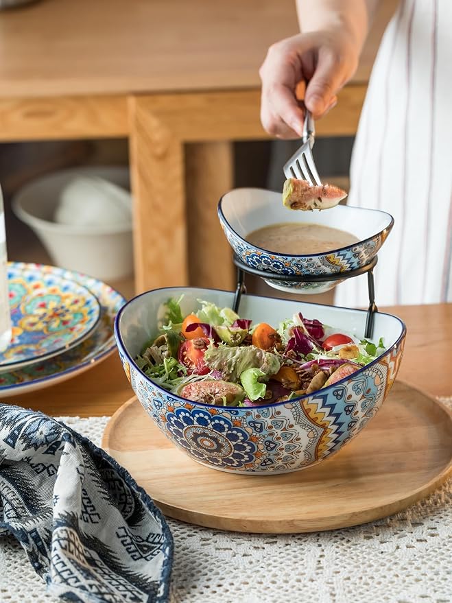 YHOSSEUN Chip and Dip Serving Set, 2 Tierd Serving Bowl Set Ceramic Chip and Dip Bowls with Stand, Serving Dishes for Entertaining Appetizer Serving Food Display Stand for Parties