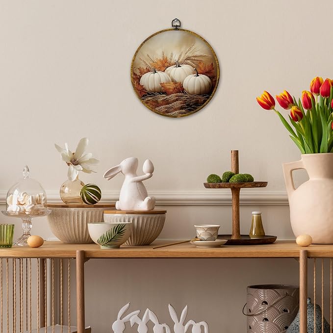 Mcehtle Rustic Fall White Pumpkin Wall Art Decor, Rustic Autumn Pumpkin Maple Leaf Framed Canvas Prints 10x10, Farmhouse Fall Round Wall Hanging Artwork Decorations for Bedroom Living Room Home