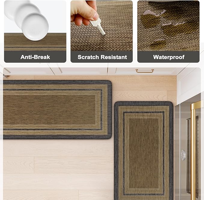 KIMODE Anti Fatigue Kitchen Mats 17"x47"+17"x29", Farmhouse Kitchen Rugs Sets of 2, Non Slip Kitchen Mats for Floor, Cushioned Comfort Standing Mats for Sink Laundry Office Desk Grey/Brown