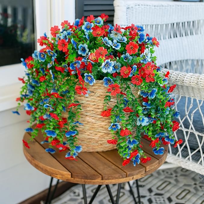 Faux Flowers for Outdoors Decoration, 2Pcs Artificial Fake Hanging Spring Summer Decor, Red and Blue Realistic Plants, UV & Fading Resistant Silk Flower for Porch Patio Balcony Planter Yard