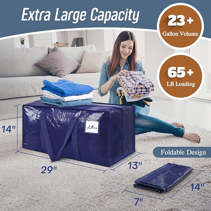 12 Pack Extra Heavy Duty Large Moving Bags with Strong Zipper & Comfortable Handles, Sturdy & Durable Clothes Storage Bags Totes Bins, Packing Moving Boxes for College Supplies, Dark Blue
