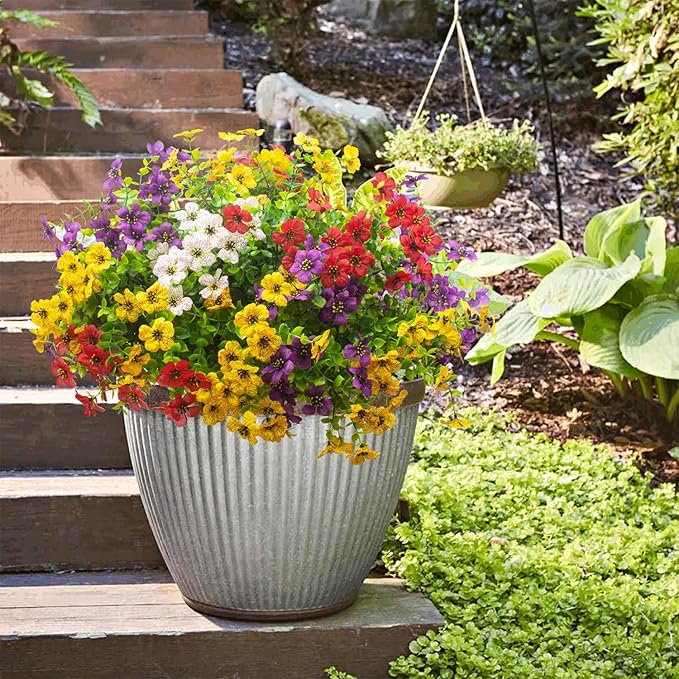 Artificial Fake Plants Flowers for Outdoor Spring Decoration, 16 Bundles Faux Silk Colorful Daisy UV Resistant Realistic for Outside Porch Patio Home Yard Garden Planters Pots Window Box(Mix)