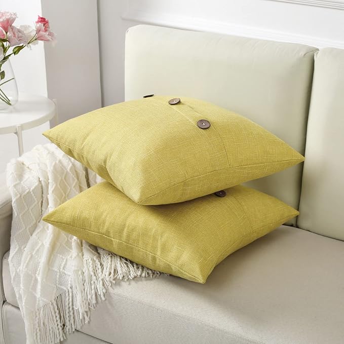 HAUSSY Mustard Yellow Linen Decorative Throw Pillow Covers 20x20 Inch Set of 2,Square Cushion Case with 3 Vintage Buttons,Modern Farmhouse Home Decor for Couch,Bed