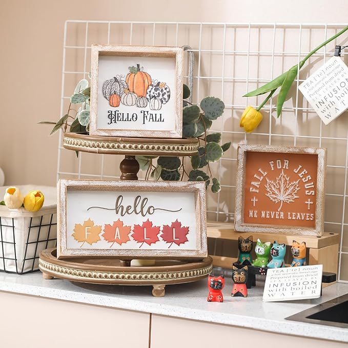 Embossed Pumpkin Sign, Farmhouse Autumn Decorations, Wooden Fall Tiered Tray Decor for Shelf Cubicle Desk Mantel, Rustic Thanksgiving Table Decor