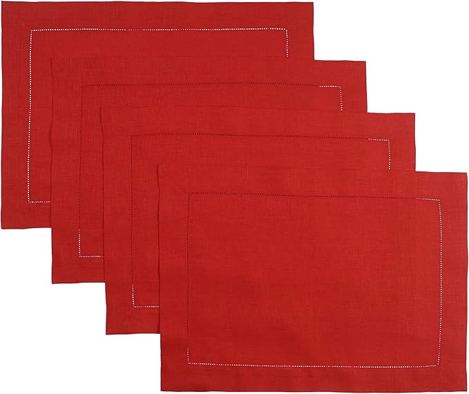 D'Moksha Homes Linen Placemats Set of 8 - Classic Hemstitch Bright Red Placemats 14 x 19 Inch - 100% Pure Linen Table Mats for Fall, Autumn and Halloween - Handcrafted and Machine Washable
