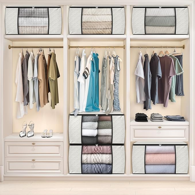 Fab totes 4 Pack Clothes Storage, Foldable Thick Fabric Blanket Storage Bags, Containers for Organizing Bedroom, Closet, Clothing, Comforter,Organization with Handle,Ivory White