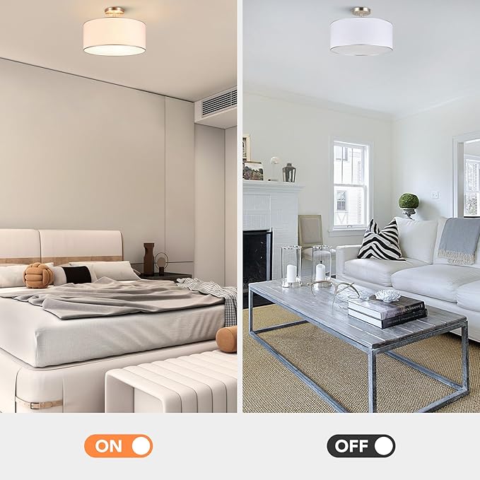 VONLUCE Semi Flush Mount Ceiling Light, 18" Drum Light Fixture with Diffused Shaped, Modern Drum Light Fixture for Bedroom Living Room Entryway Hallway, White Shade & Nickel Finish