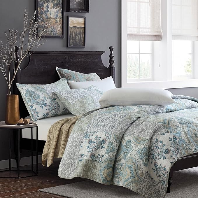 Secgo Queen Size Comforter Set- 100% Cotton Quilt Queen Size Set, Green, Sage bedspreads (90 * 96 Inch) with 2 Pillow Shams, Patchwork Reversible Lightweight Bedding