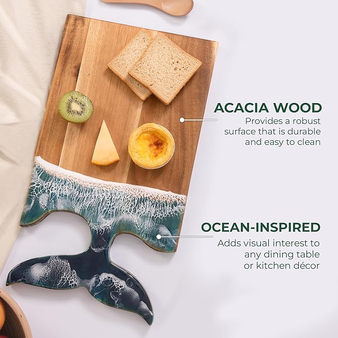 Acacia Wood Cutting Board with Epoxy Resin Art, 18.1βx9.8β, Includes Stand & Loofah, Handcrafted Ocean Wave Design, Charcuterie, Bread, Meat & Serving Board (Whale Tail Handle)