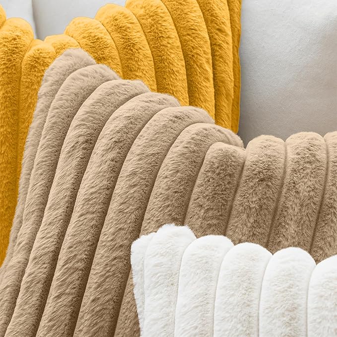 MIULEE Faux Fur Large Decorative Throw Pillow Covers 24x24 Inch Set of 2, Modern Spring Home Decor Soft Plush Couch Pillows Cozy Fluffy Cushion Covers for Sofa Khaki