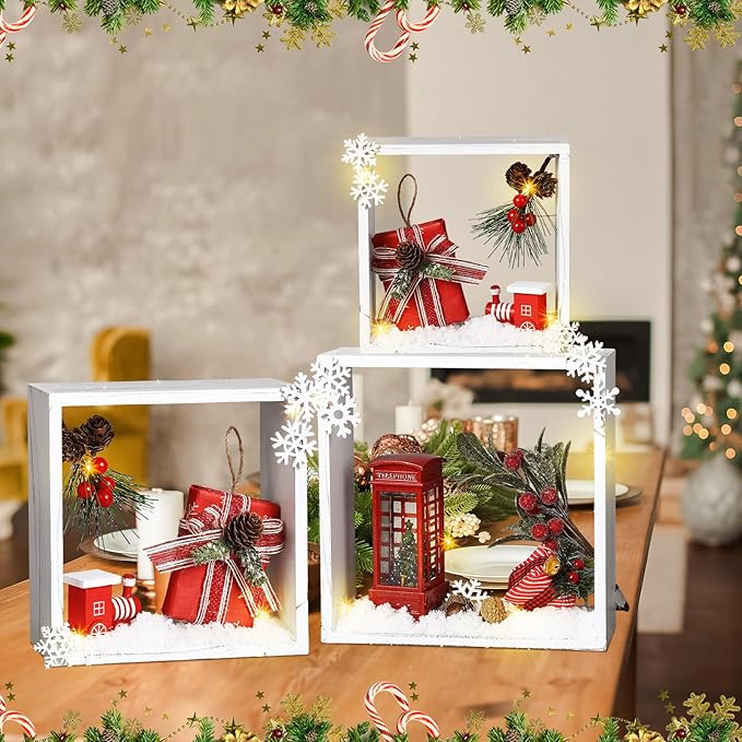 3 Pcs Christmas Wooden Table Decoration Centerpiece Sign Crafts for Farmhouse Desk Coffee Tabletop Fireplace Mantle Bookshelf Tiered Tray Shelf Accents Rustic DIY Ornament(White,Square)