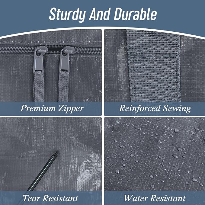 12 Pack Extra Heavy Duty Large Moving Bags with Strong Zipper & Comfortable Handles, Sturdy & Durable Clothes Storage Bags Totes Bins, Packing Moving Boxes for College Supplies, Gray