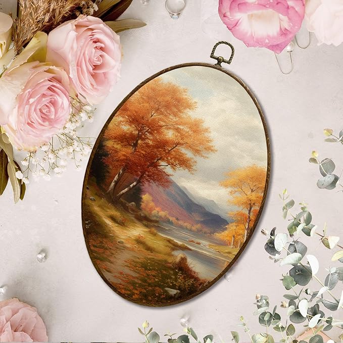 JQF Vintage Fall Oval Wall Art, Rustic Autumn Mountain Landscape Forest Oval Canvas Wall Art, Retro Moody Fall Framed Prints Hanging Decor for Home Bedroom Living Room, 8.5x11.5 Inch