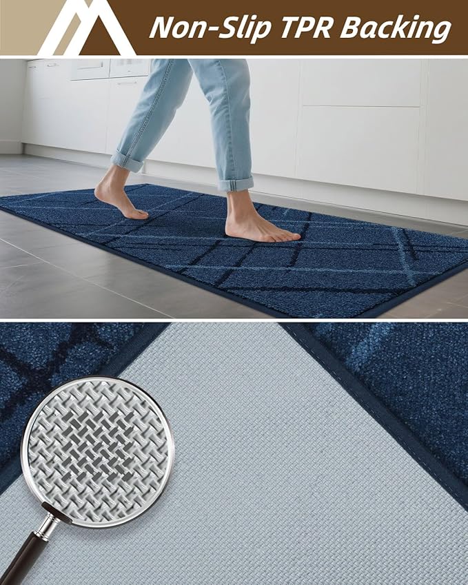 COSY HOMEER Kitchen Mats, 2 PCS Kitchen Rug Non Slip Washable, Absorbent Runner Rugs for Kitchen Floor, Polyester Kitchen Sink Rug 24"x36" + 24"x60"(Blue)