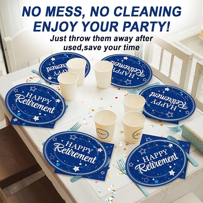 Happy Retirement Party Oval Paper Plates 11inch Blue Silver Retirement Plates and Napkins, Retired Decoration Favor Dish Tray for Women Men Retired Supplies Graduations Tableware, 25 Guest
