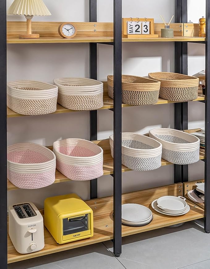 CubesLand Small Baskets, Storage Baskets for Organizing Shelves, Rectangular Woven Storage Basket Natural Cotton Rope Bins Closet Baby Nursery Empty Gifts Basket Off White/Mixed Gray