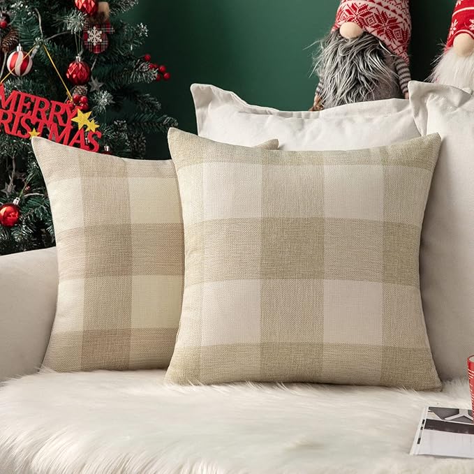MIULEE Pack of 2 Farmhouse Buffalo Check Plaids Polyester Linen Soft Solid Cream White and White Decorative Throw Pillow Covers Home Decor Outdoor Cushion Case for Christmas Sofa Bedroom 22 x 22 Inch