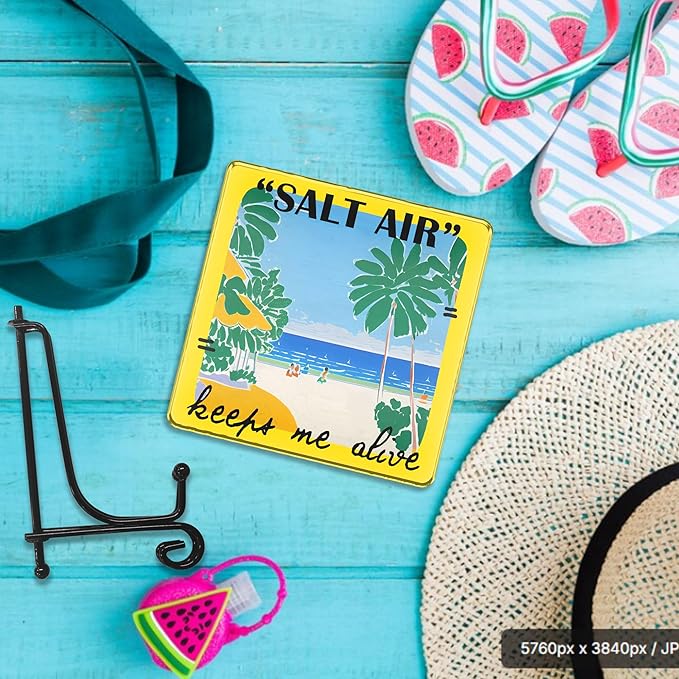 Salt Air Keeps Me Alive Acrylic Sign With A Metal Support -4x4" Seasonal Beach & Palm Tree Tabletop Acrylic Plaque - Home Desk Office Shelf Aesthetic Display Art Decoration & Favors For Women Men - A03