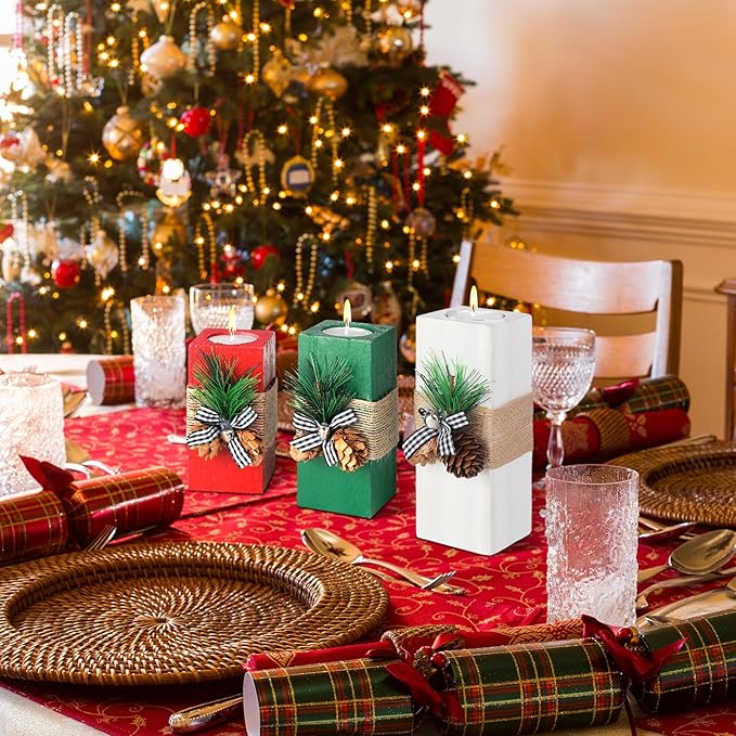 Sliner 3 Pcs Christmas Candle Holders with Candles Wooden Xmas Tealight Candle Holders Decorations Red White Green Votive Wood Candlestick for Christmas Table Centerpiece Decor Xmas Gifts