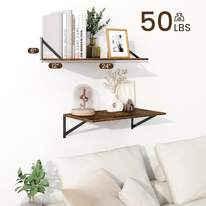 Fun Memories Floating Shelves for Wall, 12 Inch Deep Floating Shelves Set of 2, 24W x 12D Large Wall Shelf with Sturdy Metal Brackets for Living Room, Bathroom, Bedroom and Kitchen, Rustic Brown