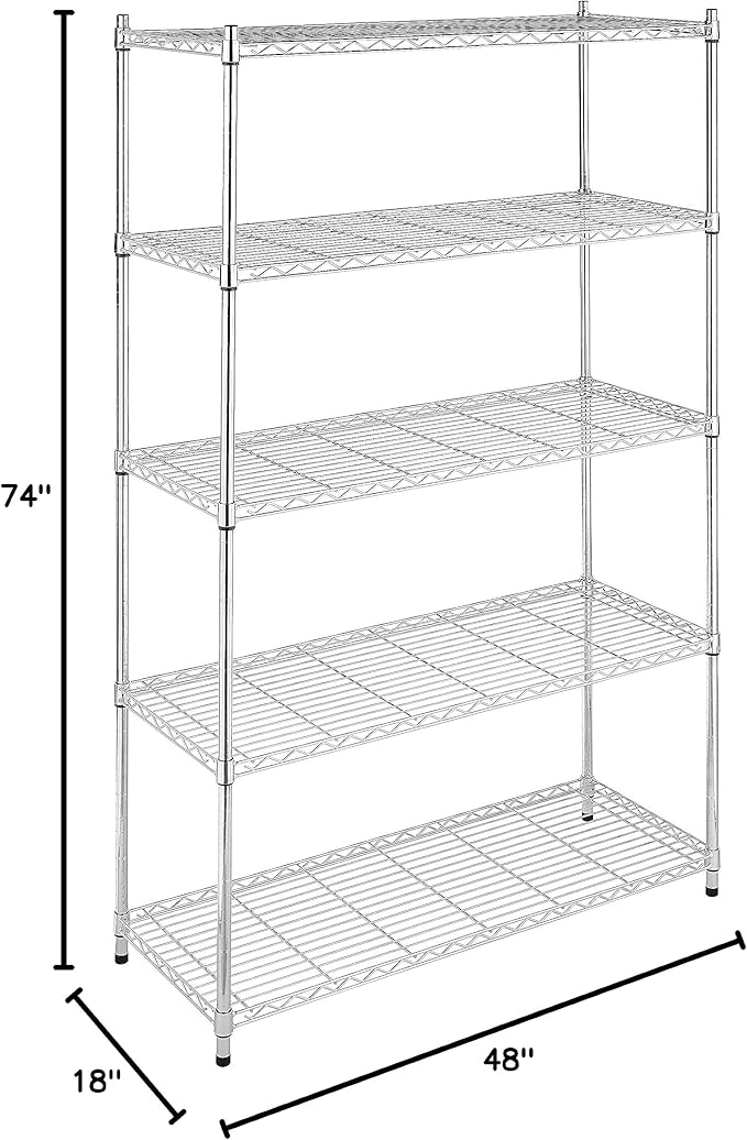 Whitmor 5 Tier Heavy Duty Shelving Unit, Metal Storage Shelves, 500 lbs Capacity per Shelf, Max 2500 lbs total, Easy Assembly Home Organizer for Pantry, Garage, Plant, 48"L x 18"W x 74"H