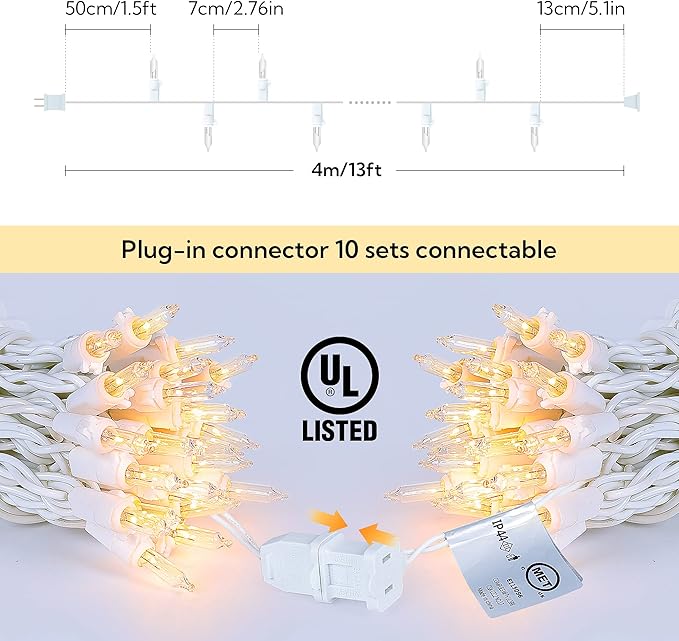 Clear Christmas Lights Set with White Wire,50Count 13Feet Incandescent Bulb Mini String Lights for Indoor Christmas Tree Garland Birthday Wedding Party Festival Decoration, Warm White