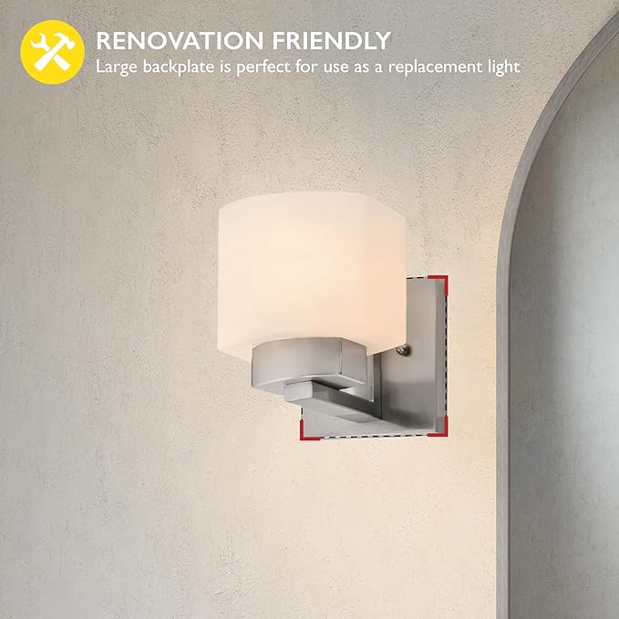 Dove Creek Wall Light Sconce, Satin Nickel Finish, Frosted Glass, Dimmable, for Hallway, Bathroom, Foyer, Bedroom – Design House, 577981