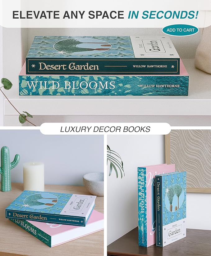 Set of 2 Decorative Books – Botanical Faux Books with Hidden Storage, Coffee Table Decor, Bookshelf Decoration, Decorative Storage Box, Faux Book Set, 12.2x8.6x1.5” & 11x7.7x1.2”