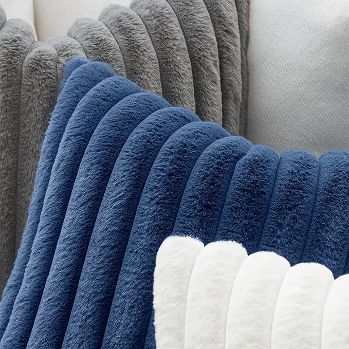 MIULEE Faux Fur Lumbar Decorative Throw Pillow Covers 12x20 Inch Set of 2, Coastal Modern Art Home Decor Soft Plush Couch Pillows Cozy Fluffy Cushion Covers for Sofa Bed Navy Blue