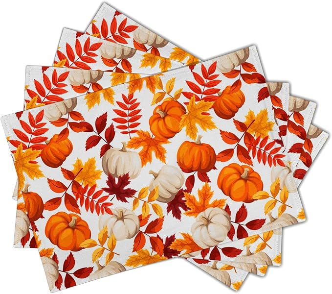 Fall Placemats 12×18 Inches Set of 4 Watercolor Pumpkin Autumn Leaves Indoor Kitchen Dining Table Place Mats for Home Party Decoration