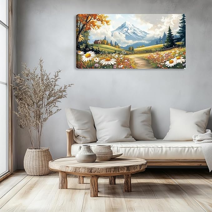 Mountain Canvas Wall Art Wall Decor Large Wildflowers Landscape Wall Art Poster Pictures Painting for Living Room for Bedroom Home Framed Farmhouse Decorations Artwork 60L x 30W