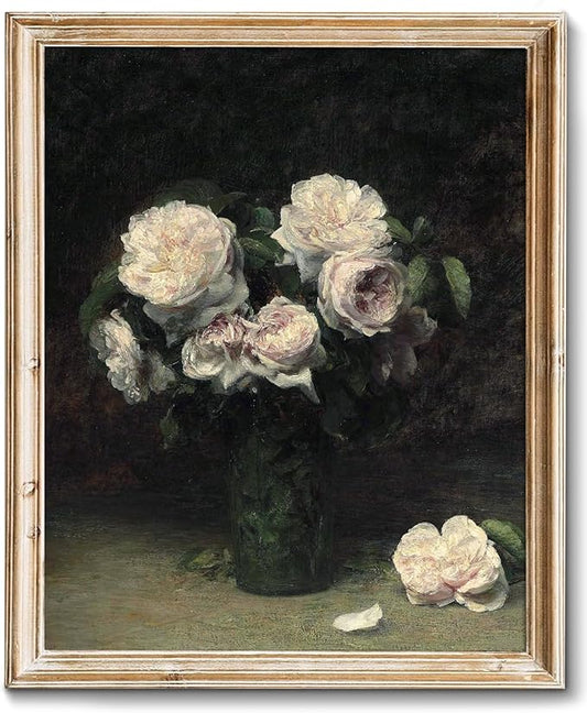 RETRART Vintage Wall Art, Dark Flower Art Print - Vintage Flower Pictures Decor Aesthetic - 8" x 10" Unframed Canvas Prints for Bedroom Living Room Bathroom Roses in a Glass