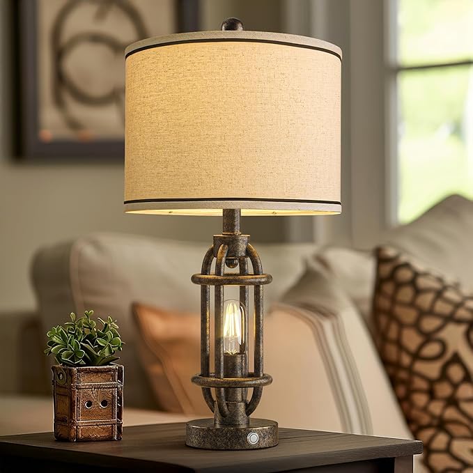 23.75'' Table Lamps Set of 2 for Living Room Bedroom Industrial Farmhouse Metal Touch Lamps with USB A+C Ports, Night Light Vintage Nightstand Bedside Lamp, Bulbs Included, Bronze