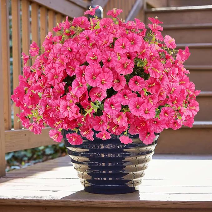 12PCS Artificial Flowers for Outdoor Decorations, Realistic Faux Silk Petunia Flowers for Outside, Fake Plants Morning Glory with Eucalyptus Porch Patio Planters Window Boxes Decor(Rosy red)