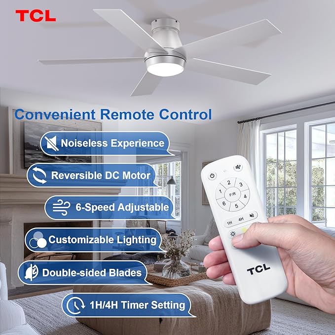 TCL 52" Ceiling Fan with Lights, Silver Flush Mount, 5 Blade Low Profile, 6 Speeds DC Reversible, Dimmable, Modern for Bedroom, Living Room and Garage