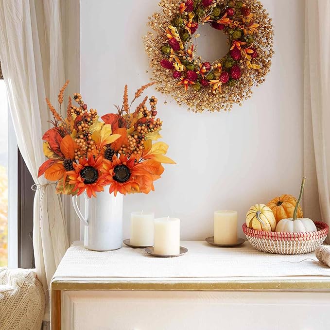 Briful Set of 2 16in Fall Orange Sunflower Picks and Sprays with Pinecones Berries Eucalyptus Leaves Artificial Fall Floral Branches Stems for Autumn Home Wedding Party Vase Centerpieces Decor