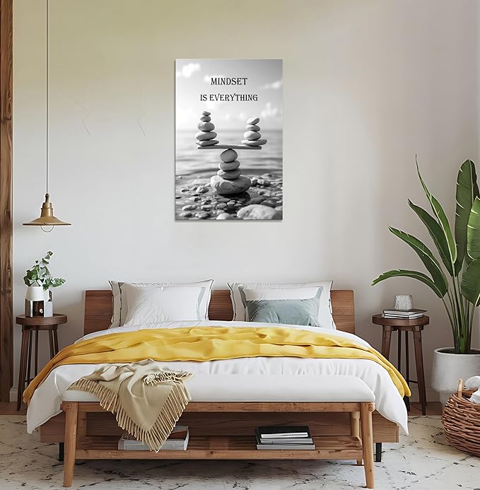 YIOZHAOFH Mindset Wall Art for Zen Office Inspirational Pictures Wall Decor Motivational Quotes Canvas Art Black and White Landscape Nature Print Poster Painting Framed for Meditation Spa Room Bedroom (24L x 36W)