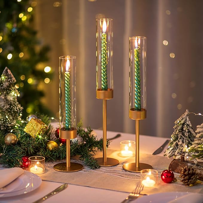 Glass Hurricane Candlestick Holders Gold - Romadedi Set of 6 Taper Candle Holder Bulk Tall Clear Glass Cylinder Table Centerpiece Wedding Decor Party Birthday Christmas Home Decorations