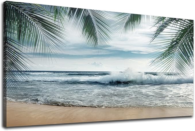 arteWOODS Tropical Beach Canvas Wall Art - Ocean Waves Pictures Coastal Oceanic Blue Sky Sea Print Seaside Palm Tree Leaves Scene Painting Artwork Living Room Bedroom Office Home Decor 29" x 58"